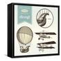 Hand-Drawn Vintage Aircraft Illustrations - Hot Air Balloon, Airplane and Biplane-shootandwin-Framed Stretched Canvas