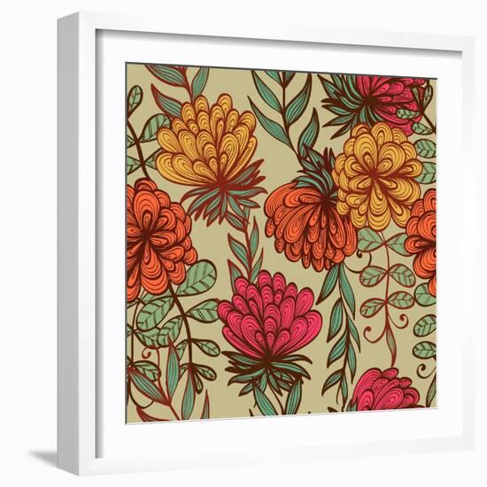 Hand Drawn Vintage Floral Pattern-tairen-Framed Art Print