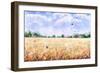 Hand Drawn Watercolor Illustration. Nature Landscape. Summer Rural Scene with Wheat Field, Clouds,-Val_Iva-Framed Art Print