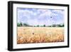 Hand Drawn Watercolor Illustration. Nature Landscape. Summer Rural Scene with Wheat Field, Clouds,-Val_Iva-Framed Art Print