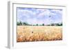 Hand Drawn Watercolor Illustration. Nature Landscape. Summer Rural Scene with Wheat Field, Clouds,-Val_Iva-Framed Art Print