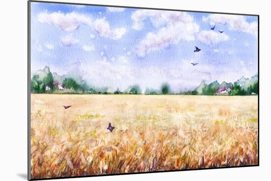 Hand Drawn Watercolor Illustration. Nature Landscape. Summer Rural Scene with Wheat Field, Clouds,-Val_Iva-Mounted Art Print