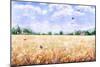 Hand Drawn Watercolor Illustration. Nature Landscape. Summer Rural Scene with Wheat Field, Clouds,-Val_Iva-Mounted Art Print