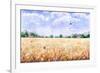 Hand Drawn Watercolor Illustration. Nature Landscape. Summer Rural Scene with Wheat Field, Clouds,-Val_Iva-Framed Art Print