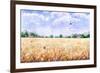 Hand Drawn Watercolor Illustration. Nature Landscape. Summer Rural Scene with Wheat Field, Clouds,-Val_Iva-Framed Art Print