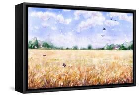 Hand Drawn Watercolor Illustration. Nature Landscape. Summer Rural Scene with Wheat Field, Clouds,-Val_Iva-Framed Stretched Canvas