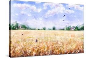 Hand Drawn Watercolor Illustration. Nature Landscape. Summer Rural Scene with Wheat Field, Clouds,-Val_Iva-Stretched Canvas