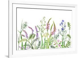 Hand Drawn Wild Flowers. Watercolor Wildflowers on White Background. Color Floral Border.-Val_Iva-Framed Art Print