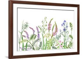 Hand Drawn Wild Flowers. Watercolor Wildflowers on White Background. Color Floral Border.-Val_Iva-Framed Art Print