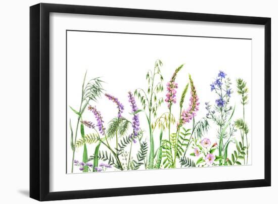 Hand Drawn Wild Flowers. Watercolor Wildflowers on White Background. Color Floral Border.-Val_Iva-Framed Art Print