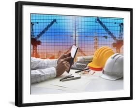 Hand of Architect Working on Table with Tablet Computer and Working Tool Equipment-khunaspix-Framed Premium Photographic Print