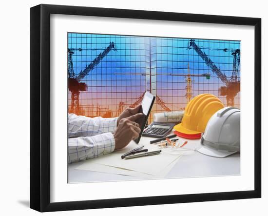 Hand of Architect Working on Table with Tablet Computer and Working Tool Equipment-khunaspix-Framed Photographic Print