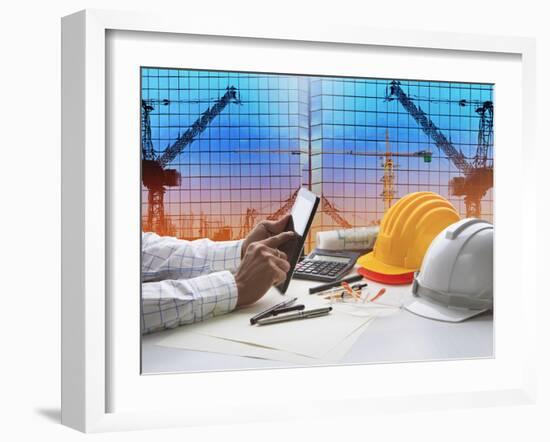 Hand of Architect Working on Table with Tablet Computer and Working Tool Equipment-khunaspix-Framed Photographic Print