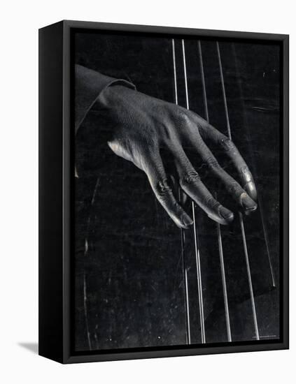 Hand of Bass Player on the Strings During Jam Session at Photographer Gjon Mili's Studio-Gjon Mili-Framed Stretched Canvas