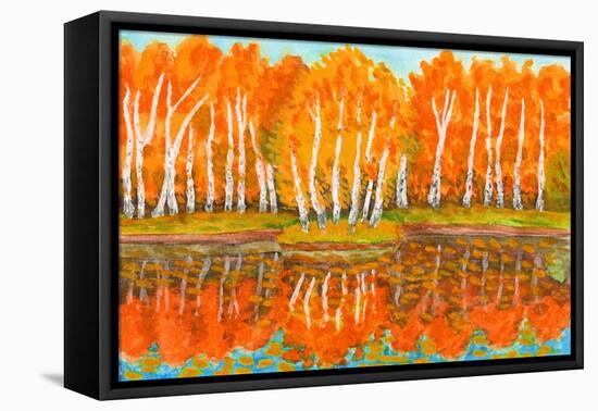 Hand Painted Picture, Watercolours - Autumn Landscape,Red Birch Forest with Reflection in Water And-Irina Afonskaya-Framed Stretched Canvas