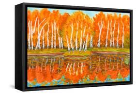 Hand Painted Picture, Watercolours - Autumn Landscape,Red Birch Forest with Reflection in Water And-Irina Afonskaya-Framed Stretched Canvas