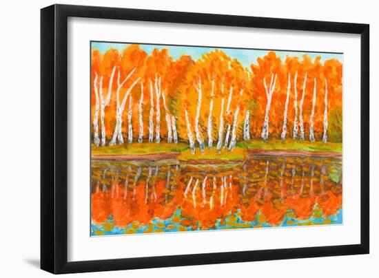 Hand Painted Picture, Watercolours - Autumn Landscape,Red Birch Forest with Reflection in Water And-Irina Afonskaya-Framed Art Print