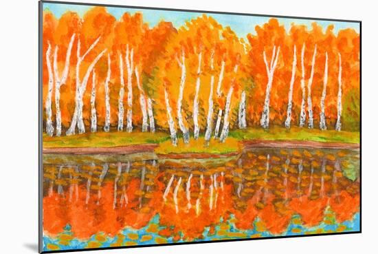 Hand Painted Picture, Watercolours - Autumn Landscape,Red Birch Forest with Reflection in Water And-Irina Afonskaya-Mounted Art Print