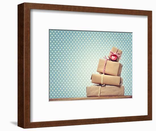 Handmade Gift Boxes over Polka Dots Background-Melpomene-Framed Photographic Print