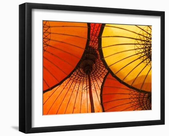 Handmade Oriental Umbrellas, Bagan, Myanmar (Burma)-Peter Adams-Framed Premium Photographic Print