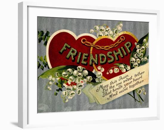 Handmade Valentine's Card with Two Hearts Joined With Gold Chain, Surrounded with Lilies-null-Framed Photographic Print
