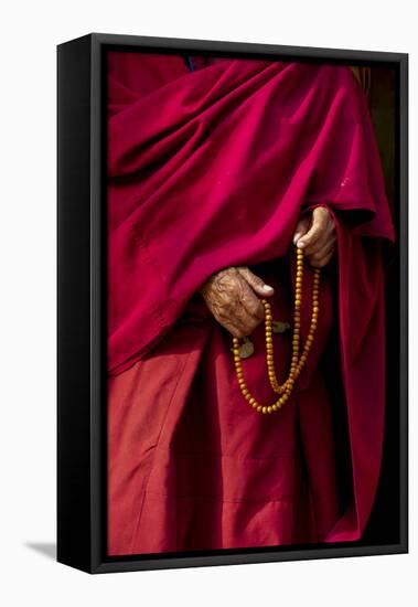 Hands of a Monk in Red Holding Prayer Beads, Leh, Ladakh, India-Ellen Clark-Framed Stretched Canvas