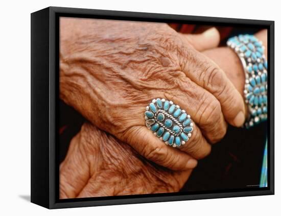 Hands of Navajo Woman Modeling Turquoise Bracelet and Ring Made by Native Americans-Michael Mauney-Framed Stretched Canvas