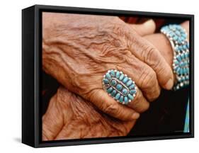 Hands of Navajo Woman Modeling Turquoise Bracelet and Ring Made by Native Americans-Michael Mauney-Framed Stretched Canvas