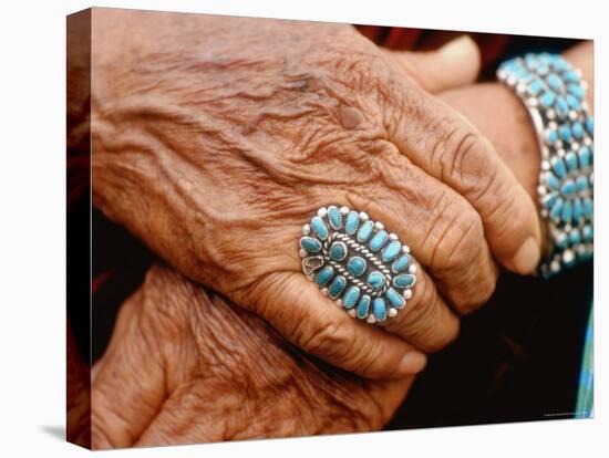Hands of Navajo Woman Modeling Turquoise Bracelet and Ring Made by Native Americans-Michael Mauney-Stretched Canvas