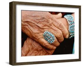 Hands of Navajo Woman Modeling Turquoise Bracelet and Ring Made by Native Americans-Michael Mauney-Framed Photographic Print