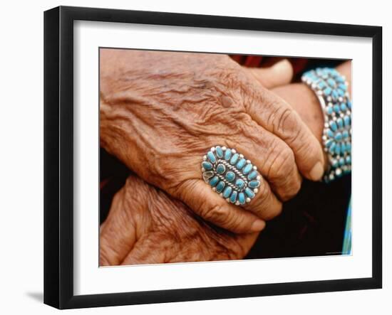 Hands of Navajo Woman Modeling Turquoise Bracelet and Ring Made by Native Americans-Michael Mauney-Framed Photographic Print
