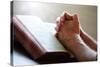 Hands Praying on a Holy Bible-null-Stretched Canvas
