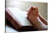 Hands Praying on a Holy Bible-null-Stretched Canvas