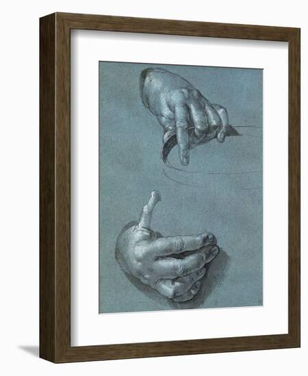 Hands, Two Studies, Chalk Drawing on Blue Paper-Albrecht Dürer-Framed Giclee Print