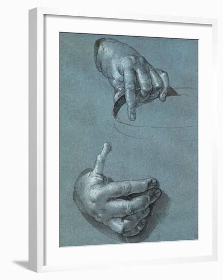 Hands, Two Studies, Chalk Drawing on Blue Paper-Albrecht Dürer-Framed Giclee Print