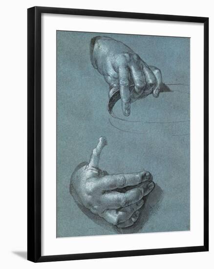 Hands, Two Studies, Chalk Drawing on Blue Paper-Albrecht Dürer-Framed Giclee Print