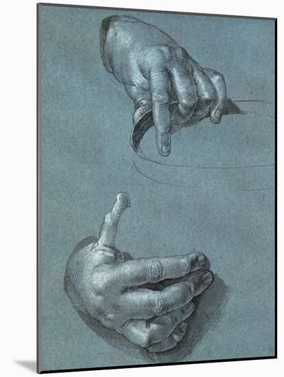 Hands, Two Studies, Chalk Drawing on Blue Paper-Albrecht Dürer-Mounted Giclee Print