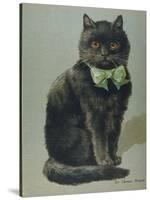 Handsome Black Cat Sir Thomas Mouser Sits Posed with a Green Ribbon Around His Neck-null-Stretched Canvas