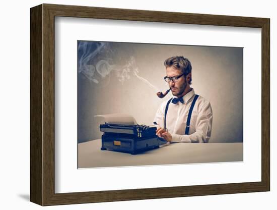 Handsome Journalist Writing with Typewriter-olly2-Framed Photographic Print