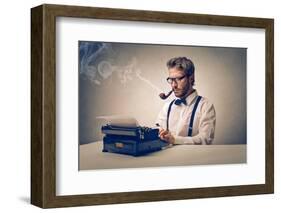 Handsome Journalist Writing with Typewriter-olly2-Framed Photographic Print