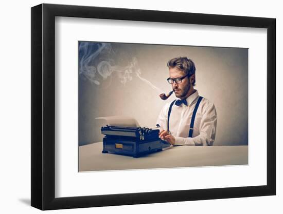 Handsome Journalist Writing with Typewriter-olly2-Framed Photographic Print