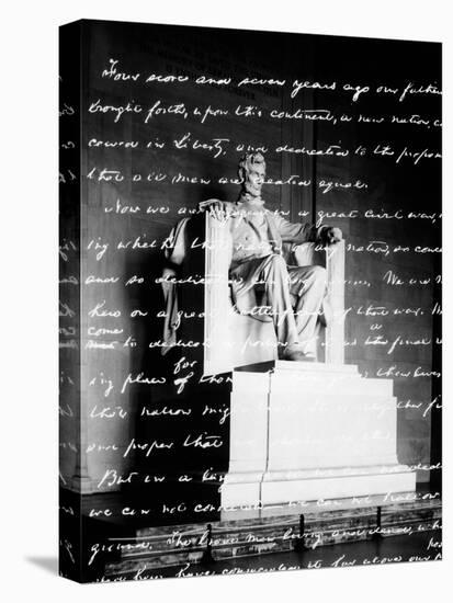 Handwritten Gettysburg Address Superimposed over Statue at Lincoln Memorial-null-Stretched Canvas