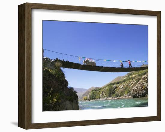 Hanging Bridge Across the River, Shigatse, Tibet, China-Keren Su-Framed Photographic Print