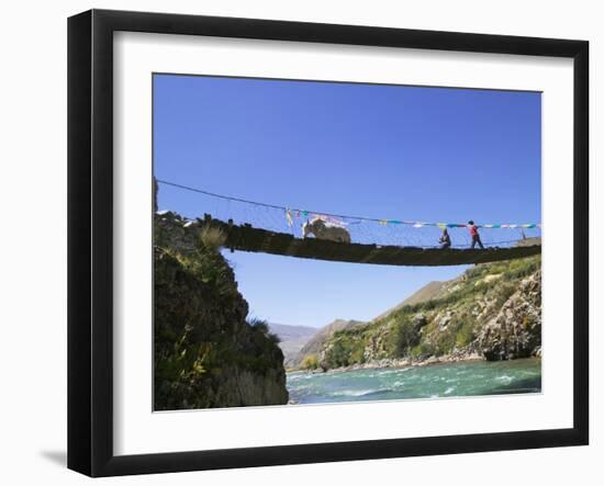 Hanging Bridge Across the River, Shigatse, Tibet, China-Keren Su-Framed Photographic Print