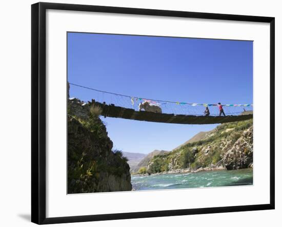 Hanging Bridge Across the River, Shigatse, Tibet, China-Keren Su-Framed Photographic Print