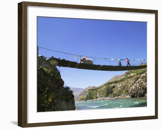 Hanging Bridge Across the River, Shigatse, Tibet, China-Keren Su-Framed Photographic Print