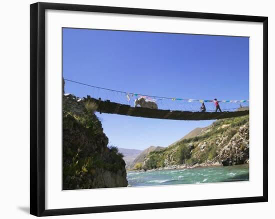 Hanging Bridge Across the River, Shigatse, Tibet, China-Keren Su-Framed Photographic Print