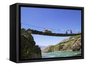 Hanging Bridge Across the River, Shigatse, Tibet, China-Keren Su-Framed Stretched Canvas