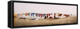 Hanging Clothes Out to Dry after Washing Them in the River, Ganges River, Varanasi, Uttar Pradesh, -null-Framed Stretched Canvas