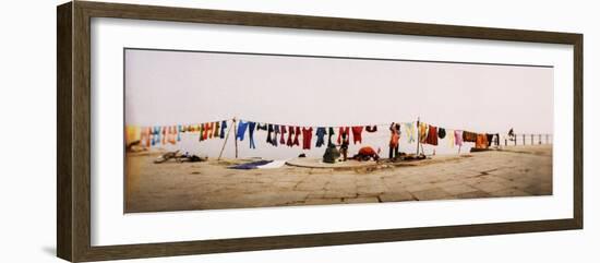 Hanging Clothes Out to Dry after Washing Them in the River, Ganges River, Varanasi, Uttar Pradesh, -null-Framed Photographic Print